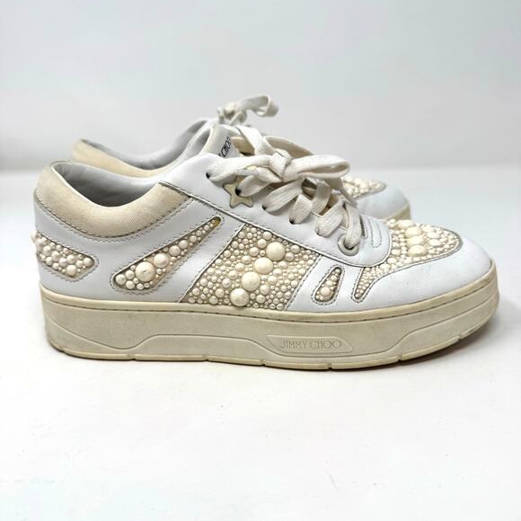 Jimmy Choo Hawaii Leather Pearl Sneakers Shoes 37.5 7.5 White Embellished - Picture 5 of 12